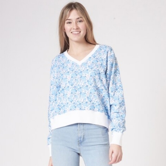 Preloved Tops - Preloved Cranleigh Cropped Sweatshirt Oversized Retro Blue Floral Size XL